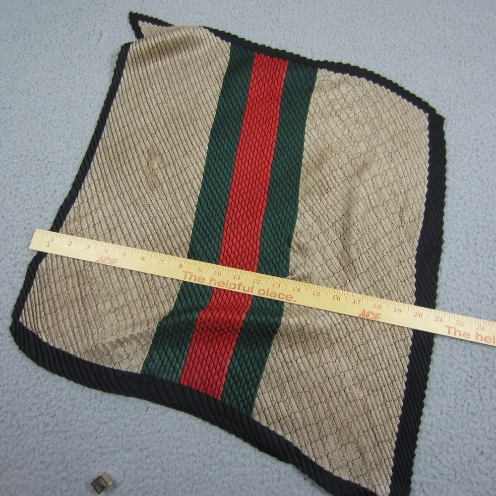 Womens Scrarf  Silky Square Tan Monogram Pleated Green Red Stripe Gold Slide
